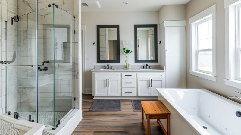 Contemporary bathroom with glass partitions